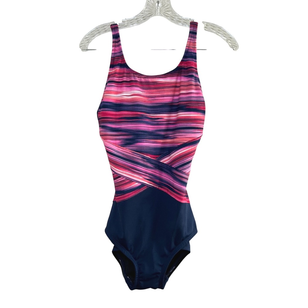 Gabar Women's Size 10 One Piece Swimsuit Pink Blue Striped Criss Cross